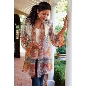 Soft Surroundings Catherine Paisley Kimono Topper Size S Orange White Sheer